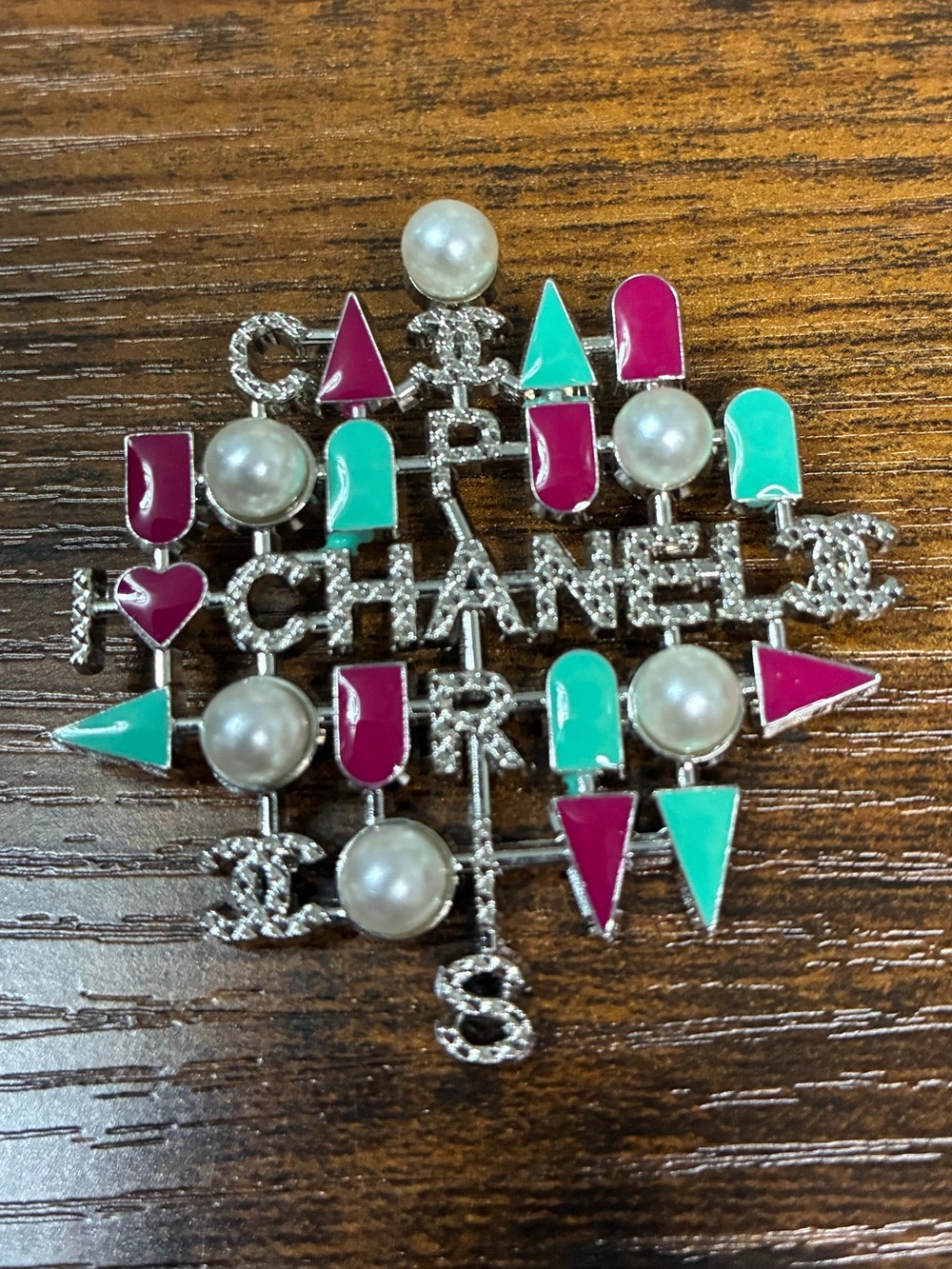 Multicolor Enamel, Pearl & Crystal Logo Brooch - Pink & Teal